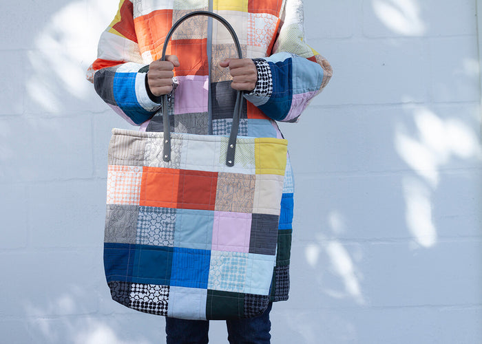 quilted tote and coat in a variety of colors and fabrics